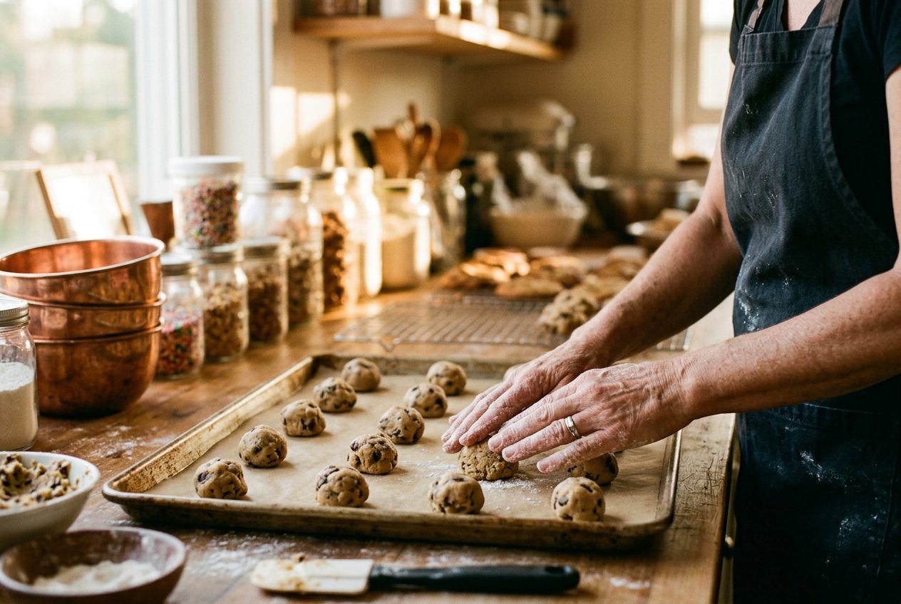 A baker's floured hands working a ball of dough