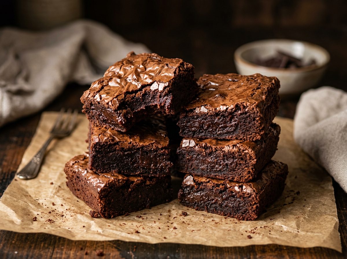 Squares of fudge brownie with crackly tops