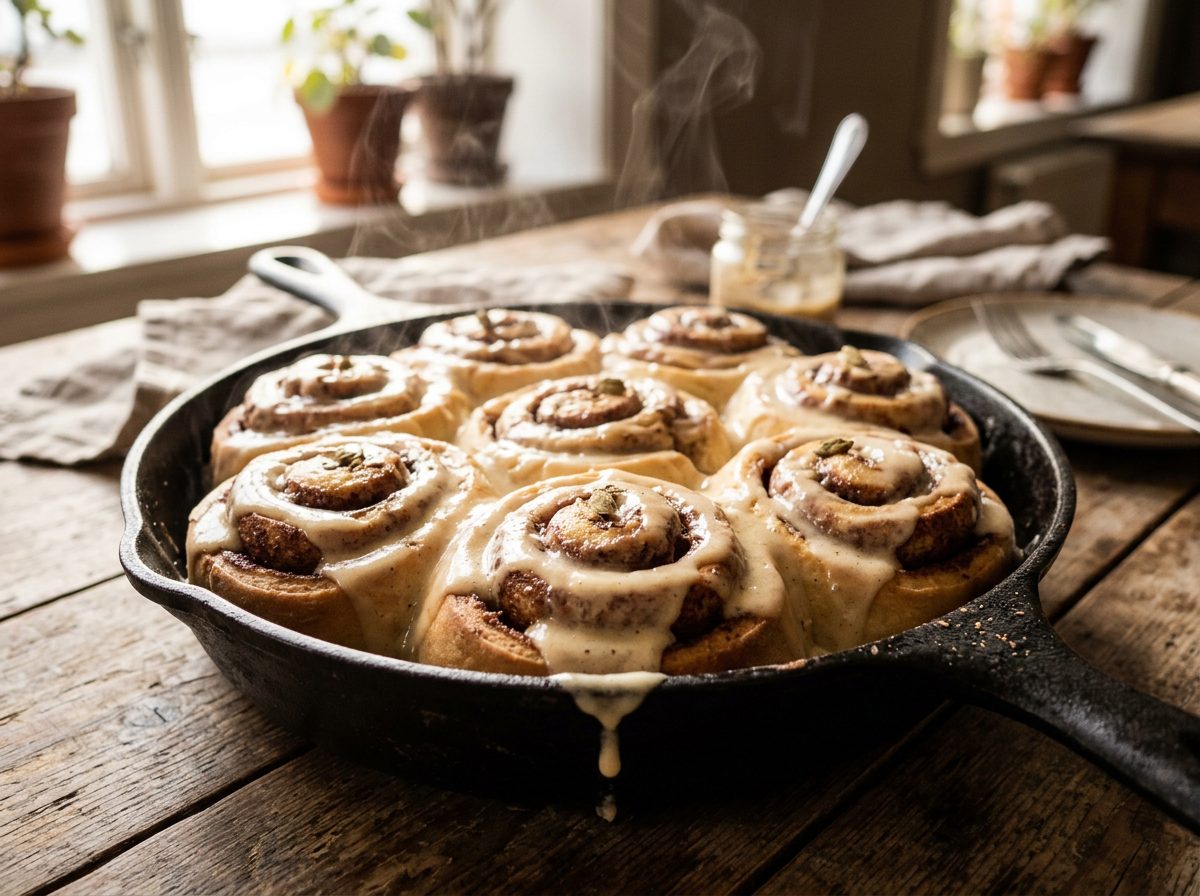 Glazed cinnamon rolls in a cast-iron pan