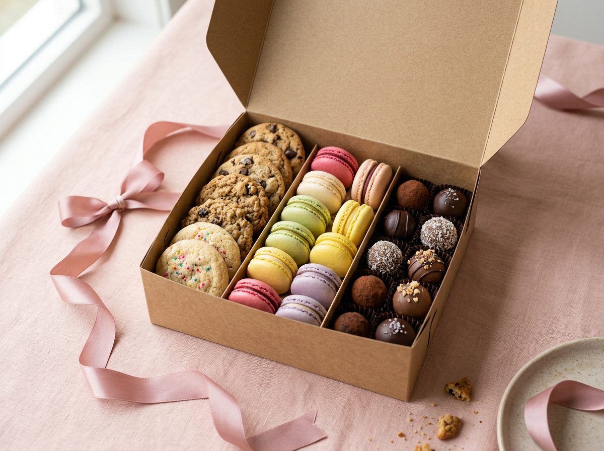 A kraft gift box of cookies and macarons tied with blush satin ribbon