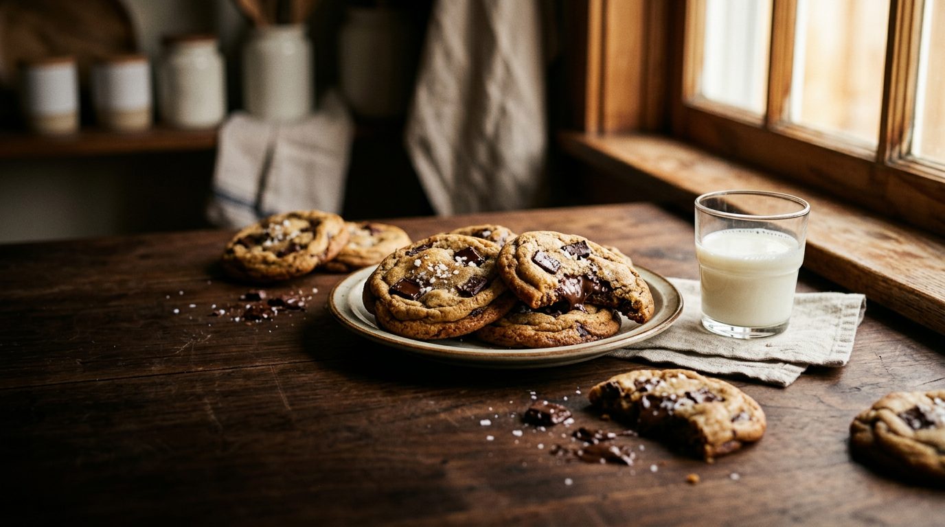 Chocolate chunk cookies cooling on dark wood beside a window