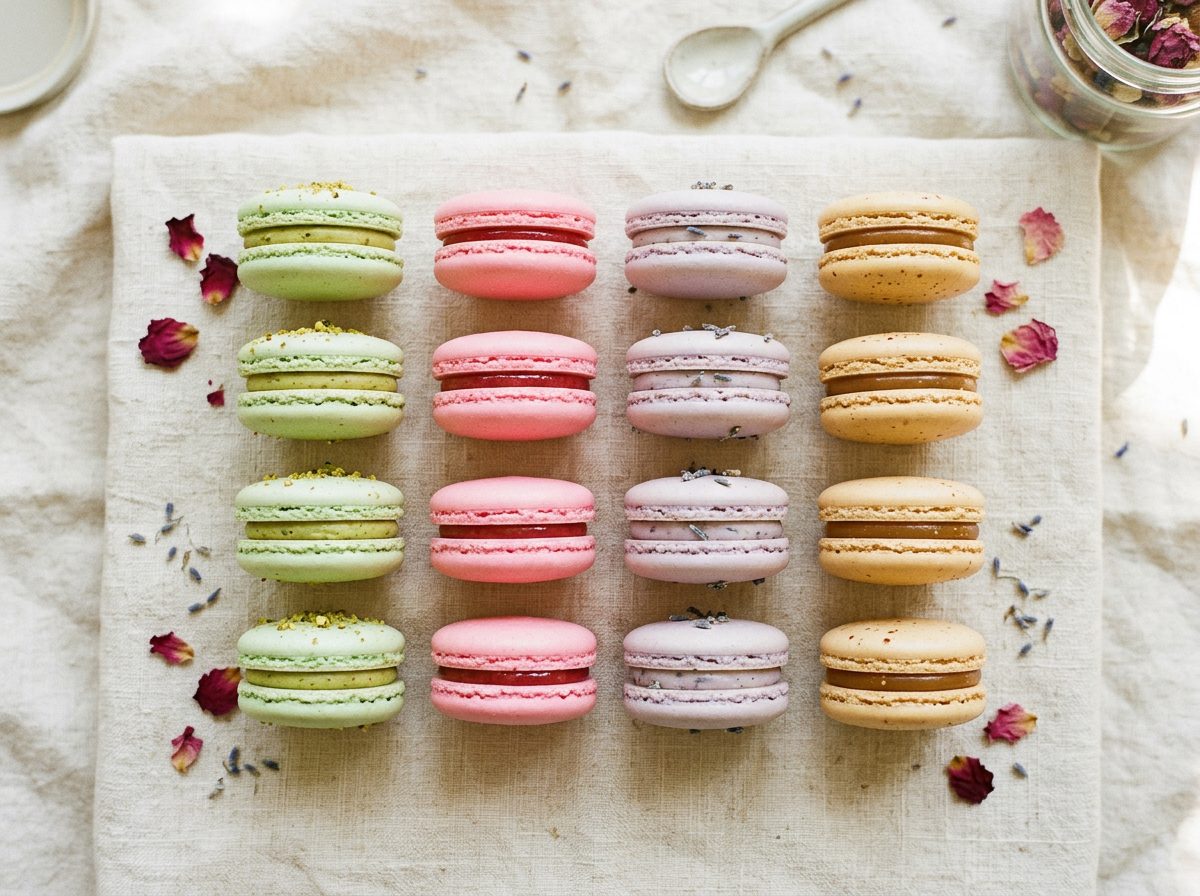 Pastel macarons stacked in rows